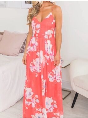 Pink Lily Coral Pink Floral Spaghetti-Strap Maxi Dress